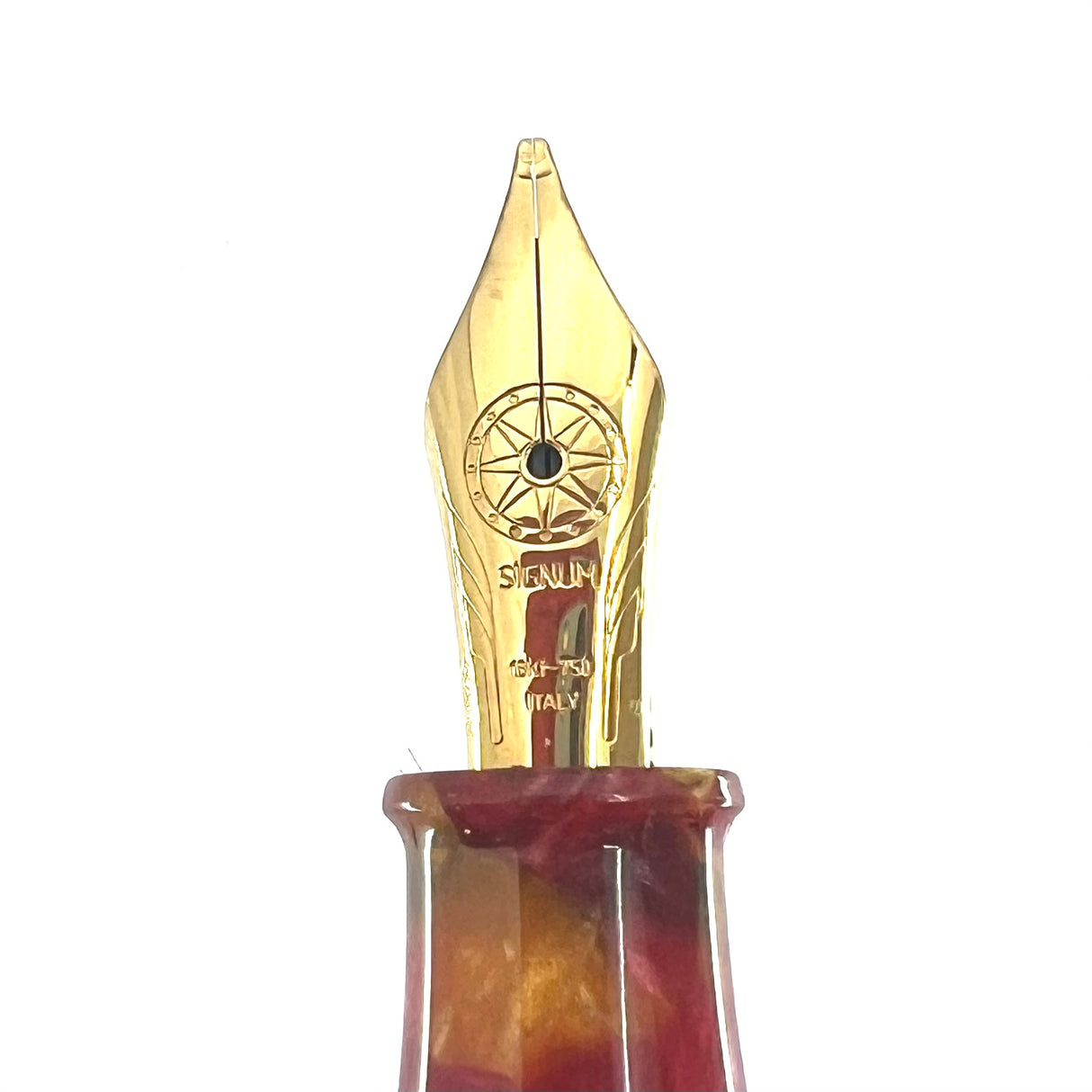 Signum (Italy) Lustrous Marbled Red & Orange Fountain Pen - Broad 18kt Gold Nib