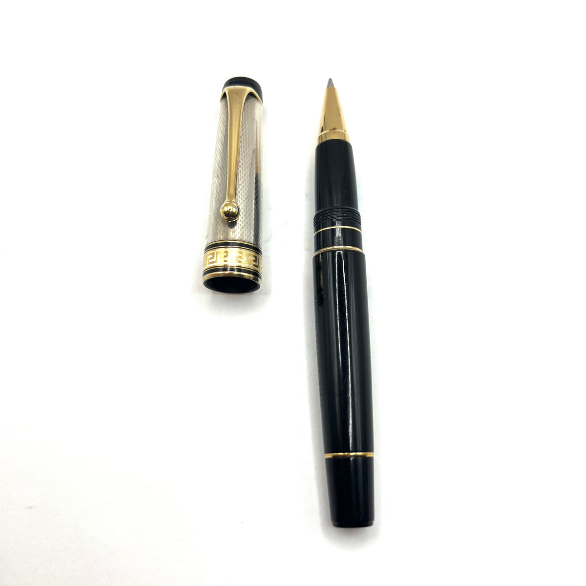 Aurora Optima Sterling Silver Guilloche Cap/Black Resin Barrel Rollerball