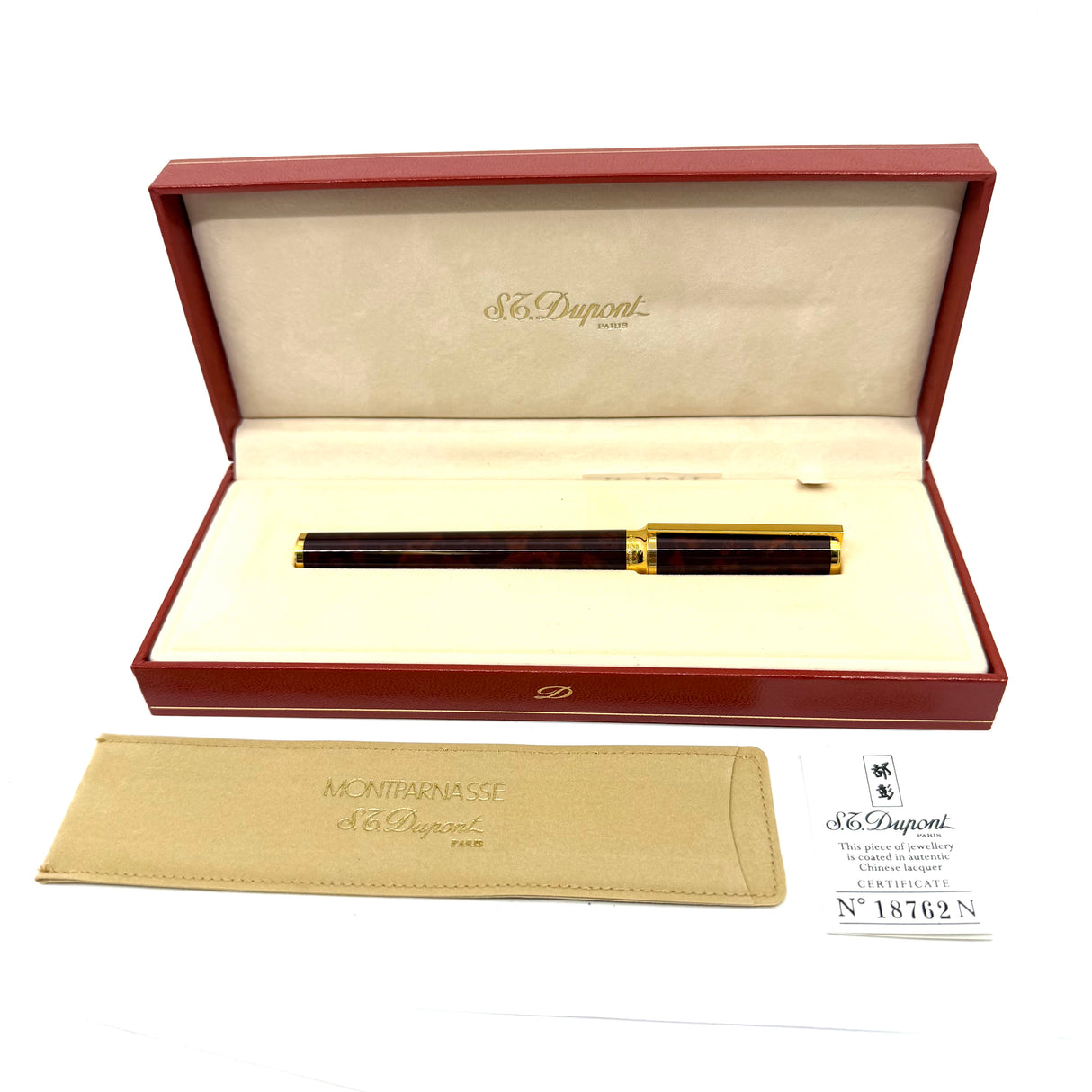 S. T. Dupont Montparnasse Chairman (Largest) Tortoiseshell Laque de Chine Fountain Pen - Fine 18kt Gold Nib - Rarely Found in MINT Condition!