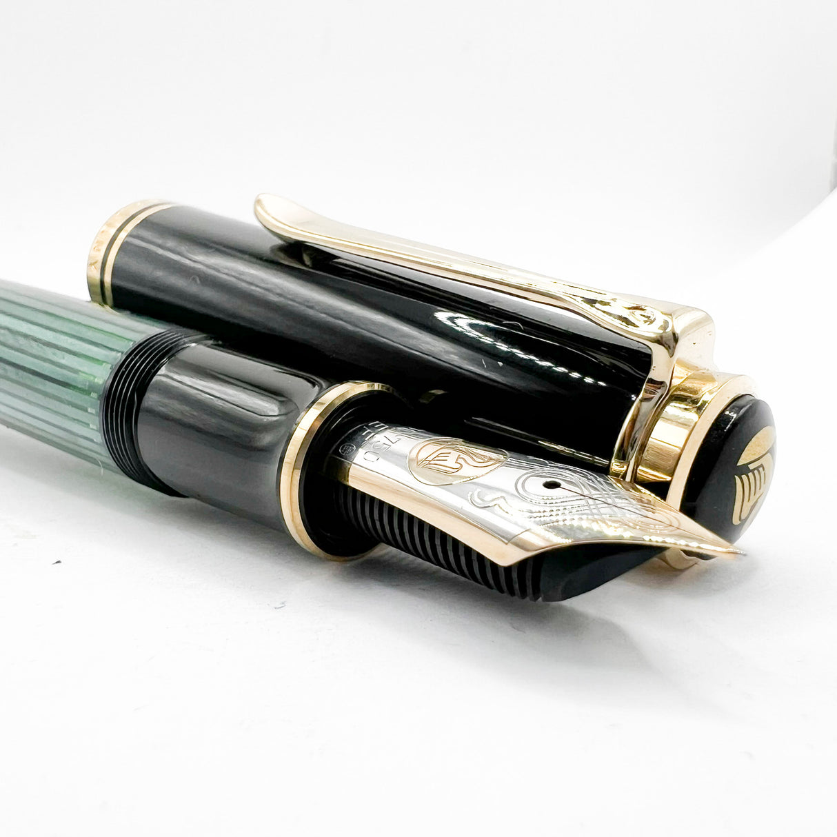 Pelikan Early Souveran M1000 Green Striped Barrel/Black Cap Fountain Pen - Extra Fine 18C Gold Nib