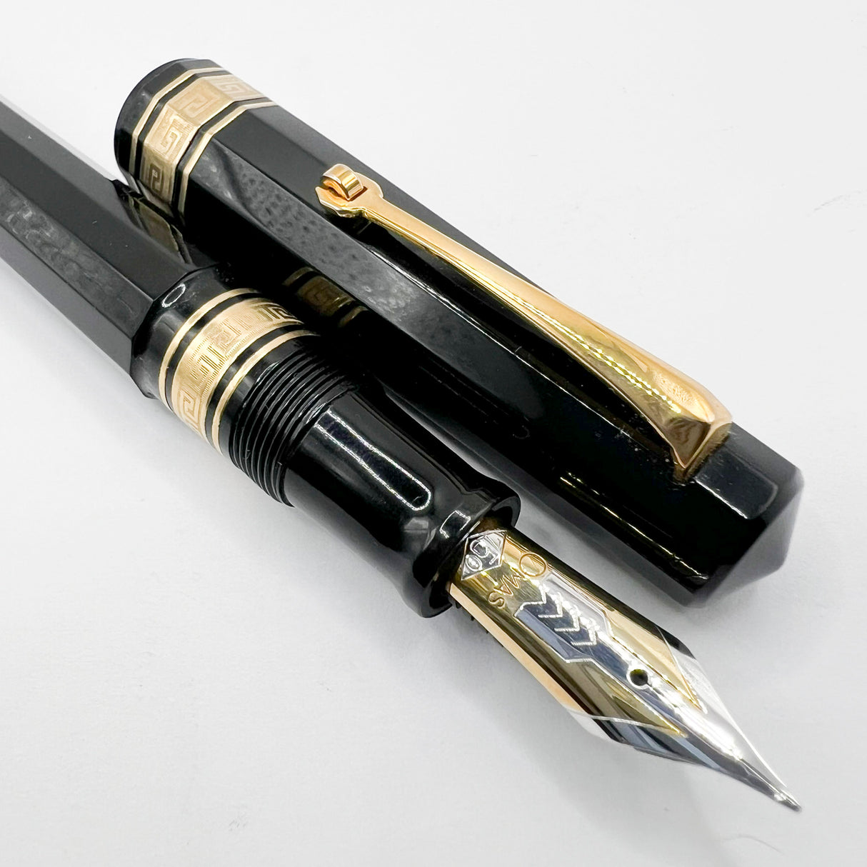 OMAS Senior Paragon Extra - Large Facetted Black Fountain Pen - Semi-Flexible Medium 18kt Gold Nib