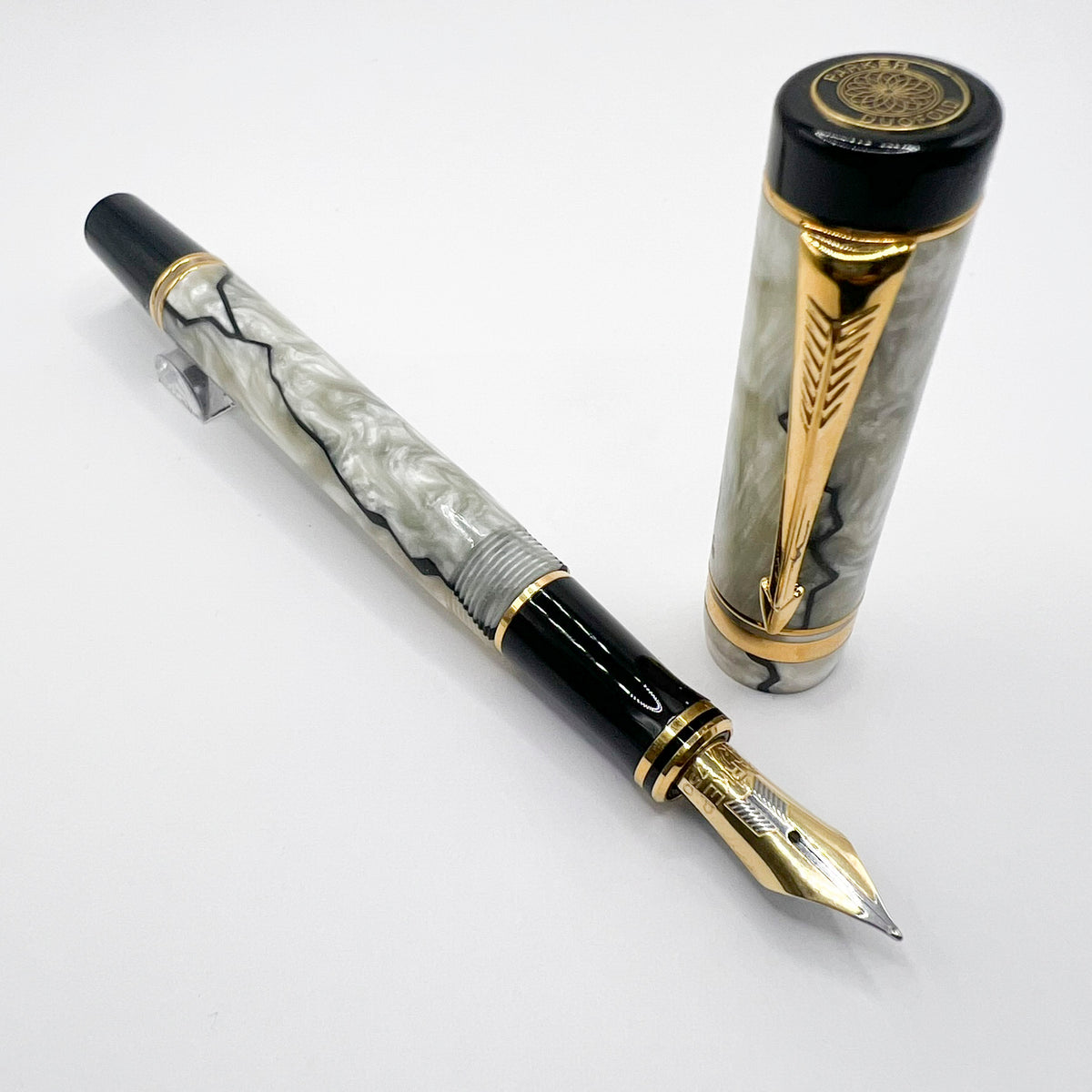 Parker Duofold International Lustrous Pearl & Black Fountain Pen - Fine 18kt Gold Nib