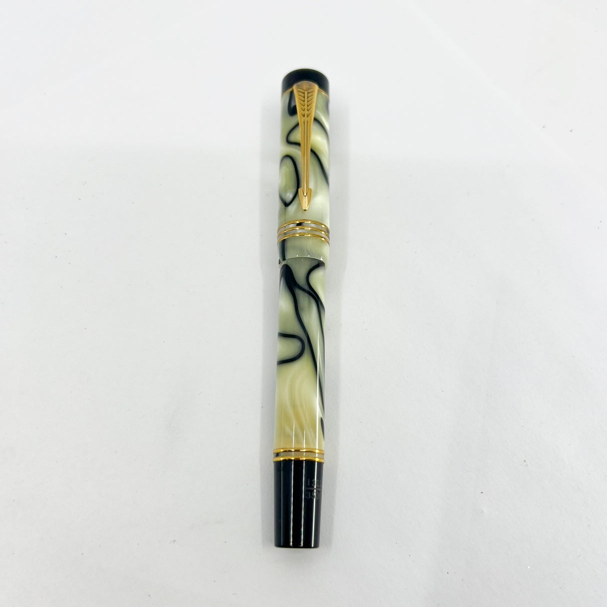 Parker Norman Rockwell Duofold Centennial Limited Edition Unique Swirly Black & Pearl Fountain Pen - Medium 18kt Gold Nib - Trim Rings and the Cap Top Medallion are Solid 18k Gold!