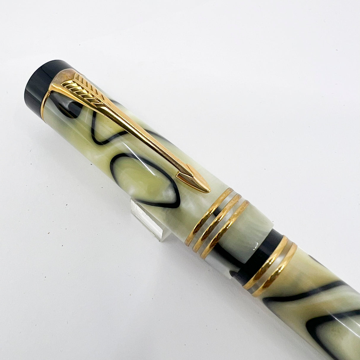 Parker Norman Rockwell Duofold Centennial Limited Edition Unique Swirly Black & Pearl Fountain Pen - Medium 18kt Gold Nib - Trim Rings and the Cap Top Medallion are Solid 18k Gold!