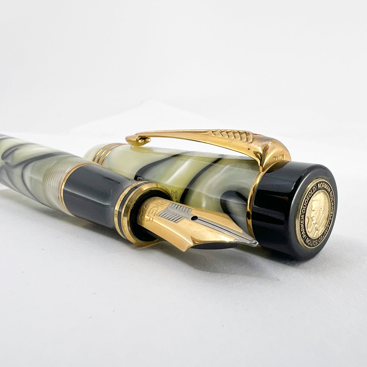 Parker Norman Rockwell Duofold Centennial Limited Edition Unique Swirly Black & Pearl Fountain Pen - Medium 18kt Gold Nib - Trim Rings and the Cap Top Medallion are Solid 18k Gold!