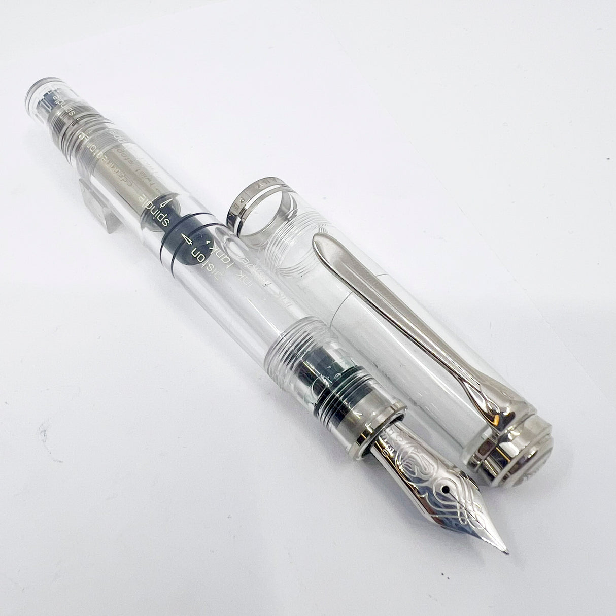 Pelikan M805 Clear Demonstrator Fountain Pen - Names of Pen Components Engraved by Pelikan on Barrel - Extra Fine 18kt Gold Nib