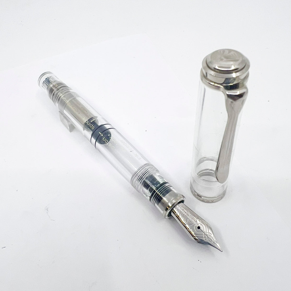 Pelikan M805 Clear Demonstrator Fountain Pen - Names of Pen Components Engraved by Pelikan on Barrel - Extra Fine 18kt Gold Nib