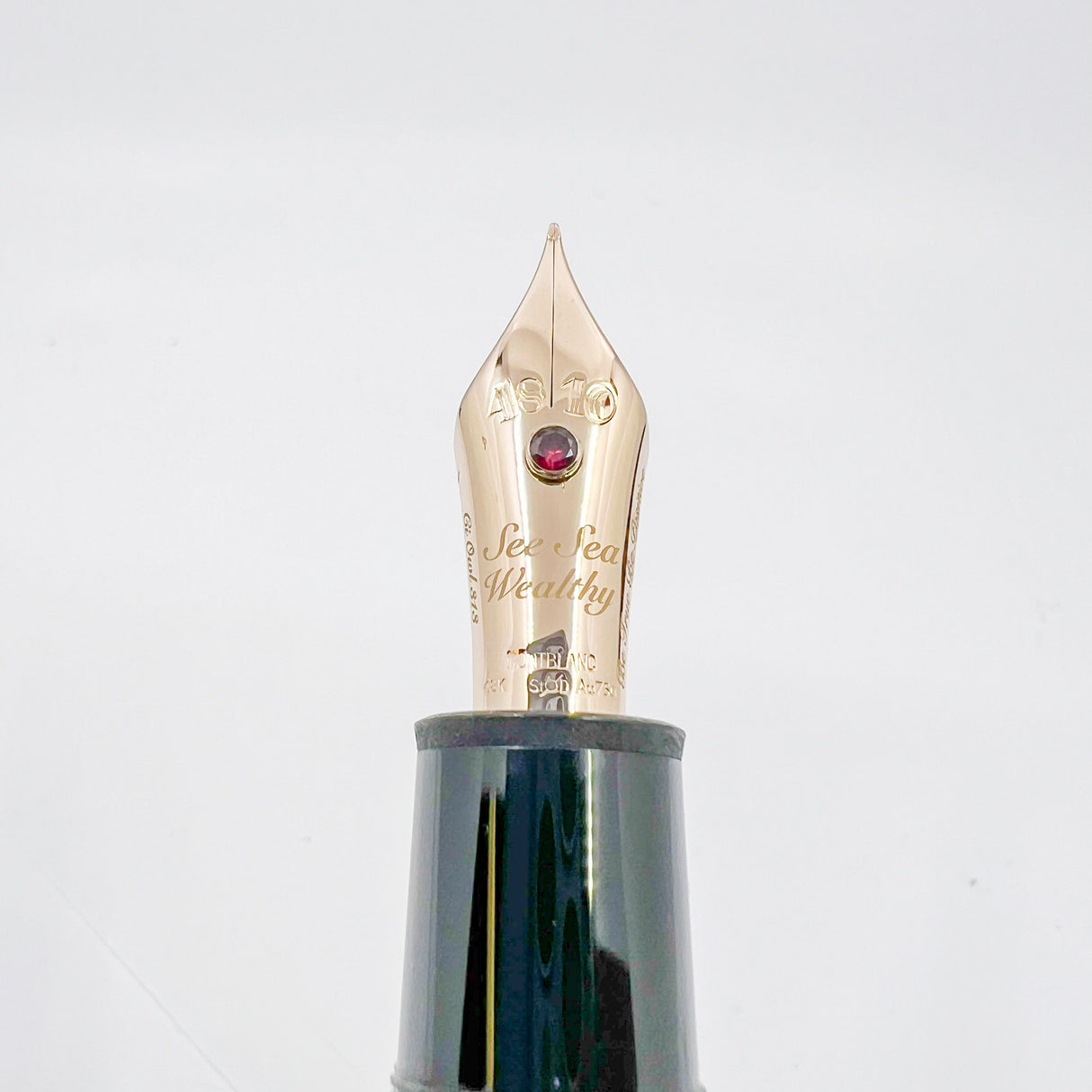 Montblanc Special Order Meisterstuck #149 (Largest) Fountain Pen - Bespoke Fine 18kt Gold Nib with Authentic Ruby Embedded + Special Nib Engraving