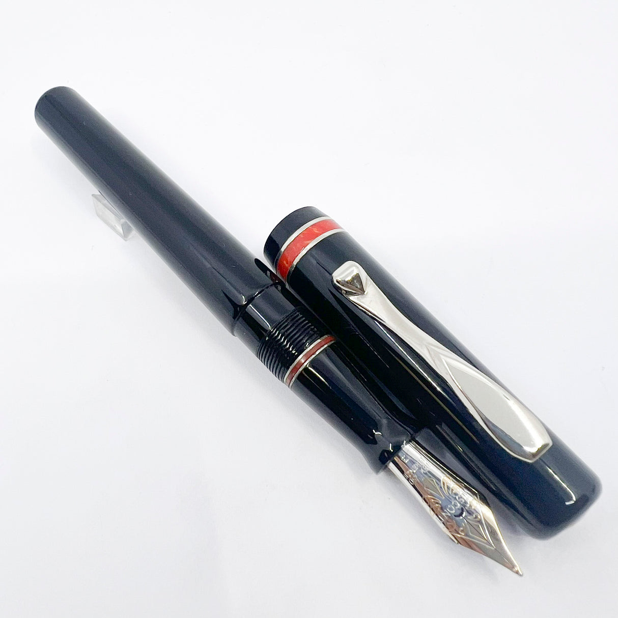 Visconti Glossy Black Resin Midnight Voyager Fountain Pen - Two Rings of Coral Celluloid - Broad 18kt Gold Nib