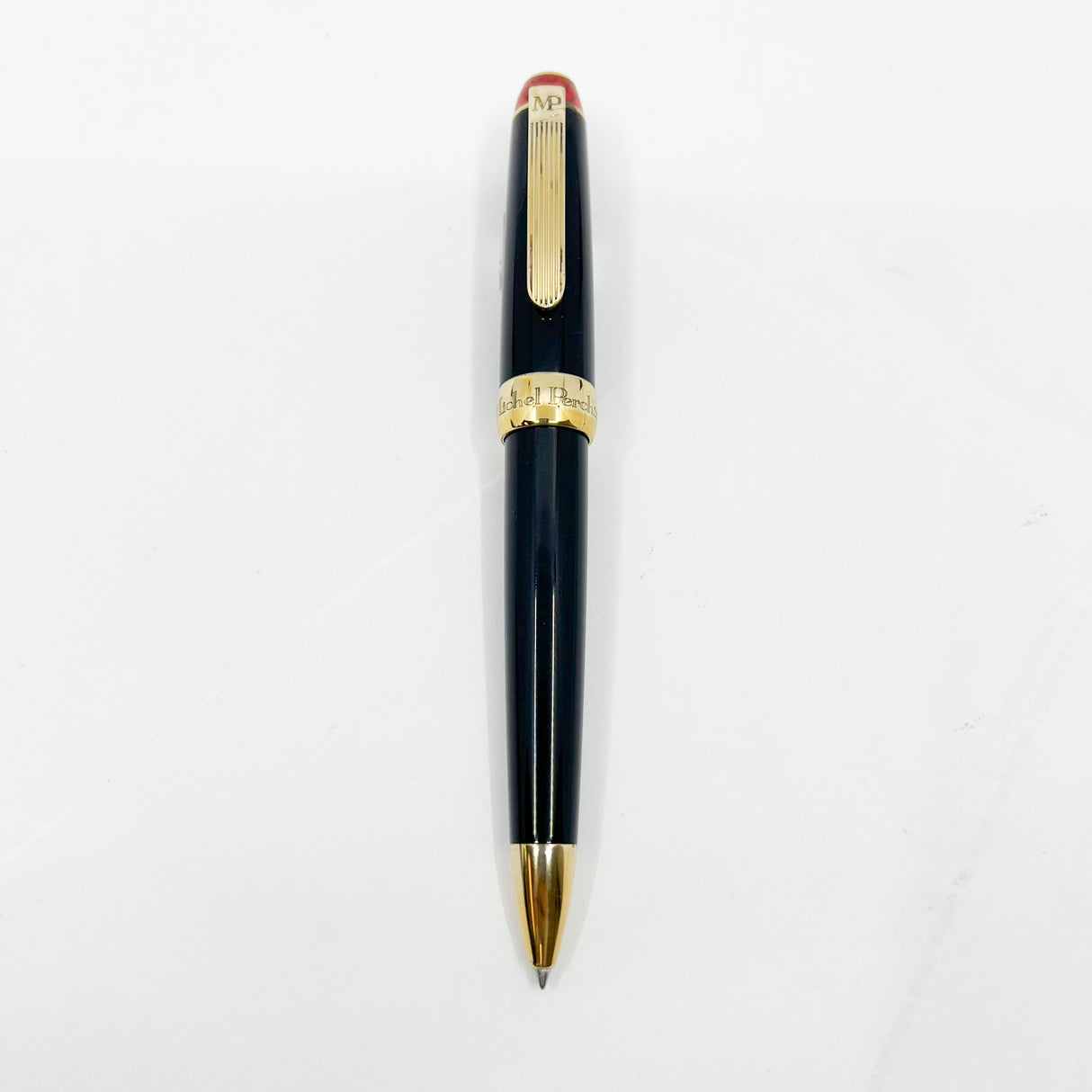 Michel Perchin Limited Edition Black & Vermeil Executive Ballpoint Pen with Red Guilloche Enamelwork on Crown