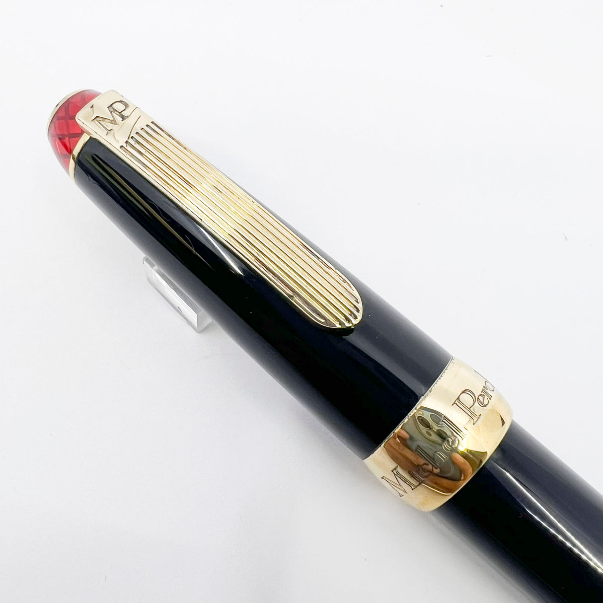 Michel Perchin Limited Edition Black & Vermeil Executive Ballpoint Pen with Red Guilloche Enamelwork on Crown