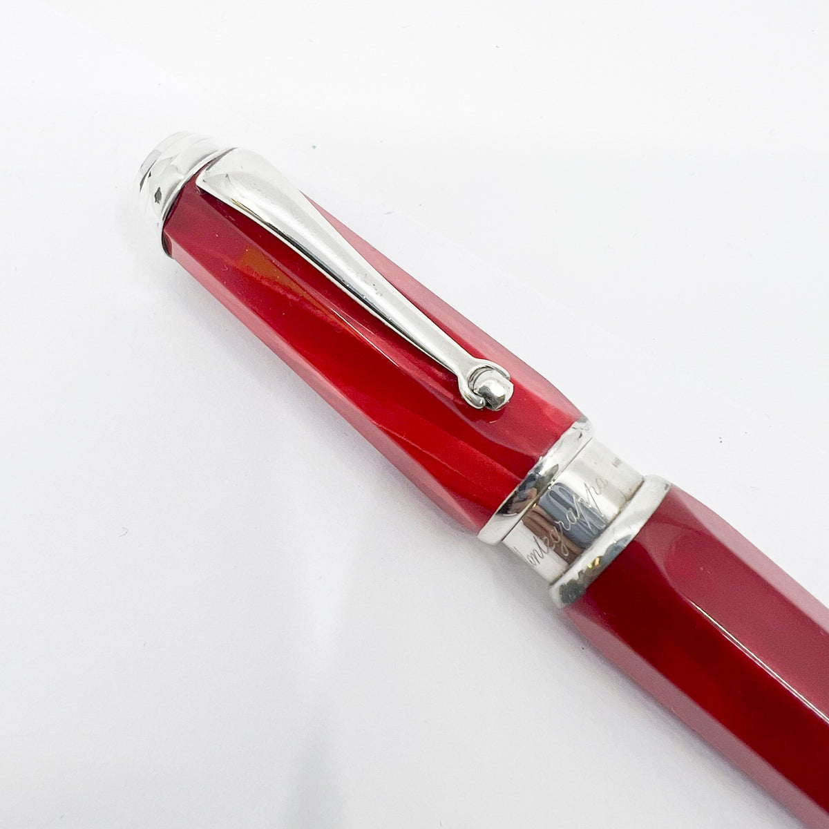 Montegrappa Espressione Lustrous Red Celluloid Facetted Ballpoint Pen - Sterling Silver Clip and Trim