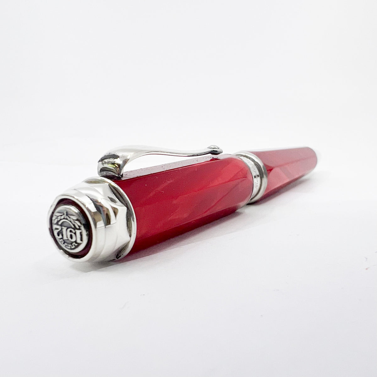Montegrappa Espressione Lustrous Red Celluloid Facetted Ballpoint Pen - Sterling Silver Clip and Trim