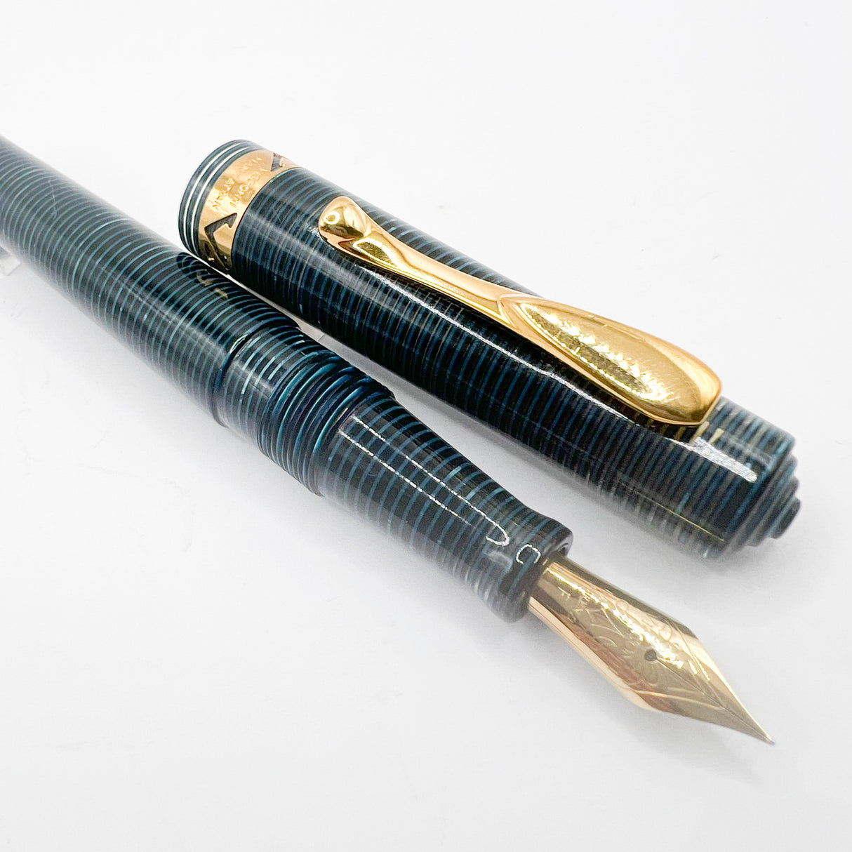 Visconti Manhattan Blue Celluloid With Scarce Cut-out Cap Band - Fine 18kt Gold Nib