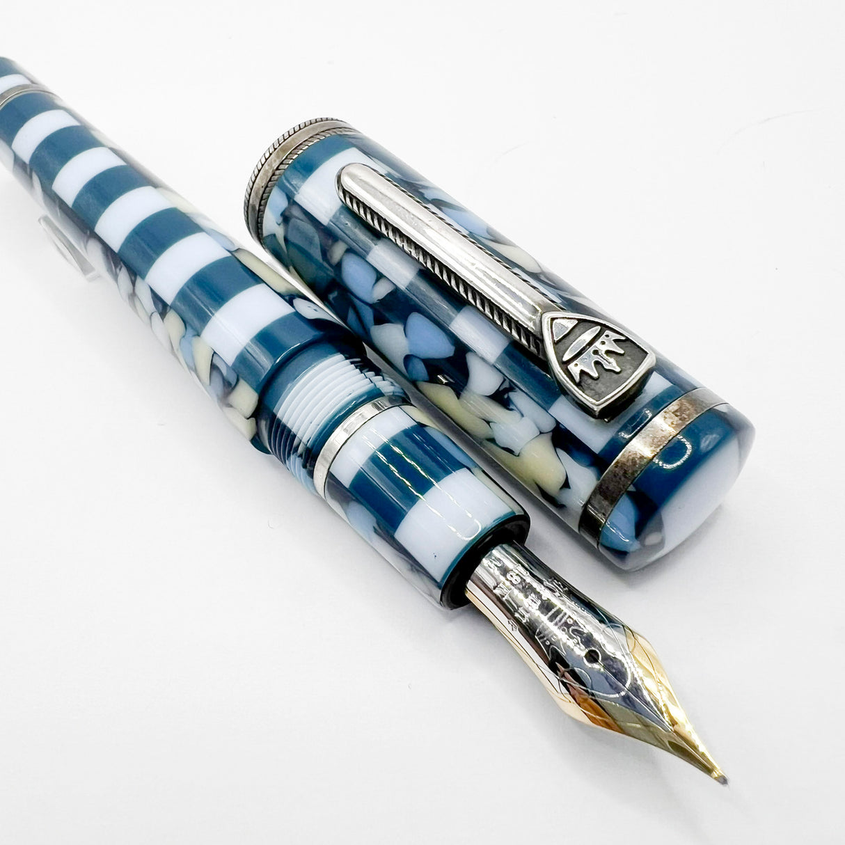 Krone Dissonance in Alternating Marbled Blue & Block Motif Fountain Pen - Medium 18 Kt Gold Nib - Exceedingly Funky!