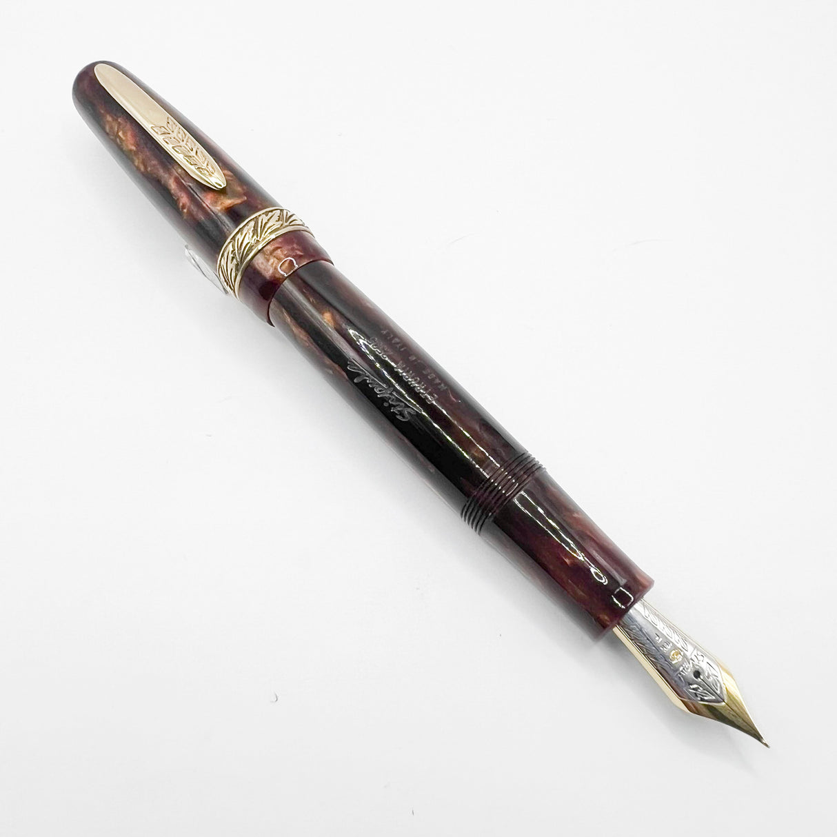 Stipula Early Etruria Variegated Burgundy & Amber Celluloid Fountain Pen- 9kt Gold Cap Band & Trim - Fine 18Kt Gold Nib