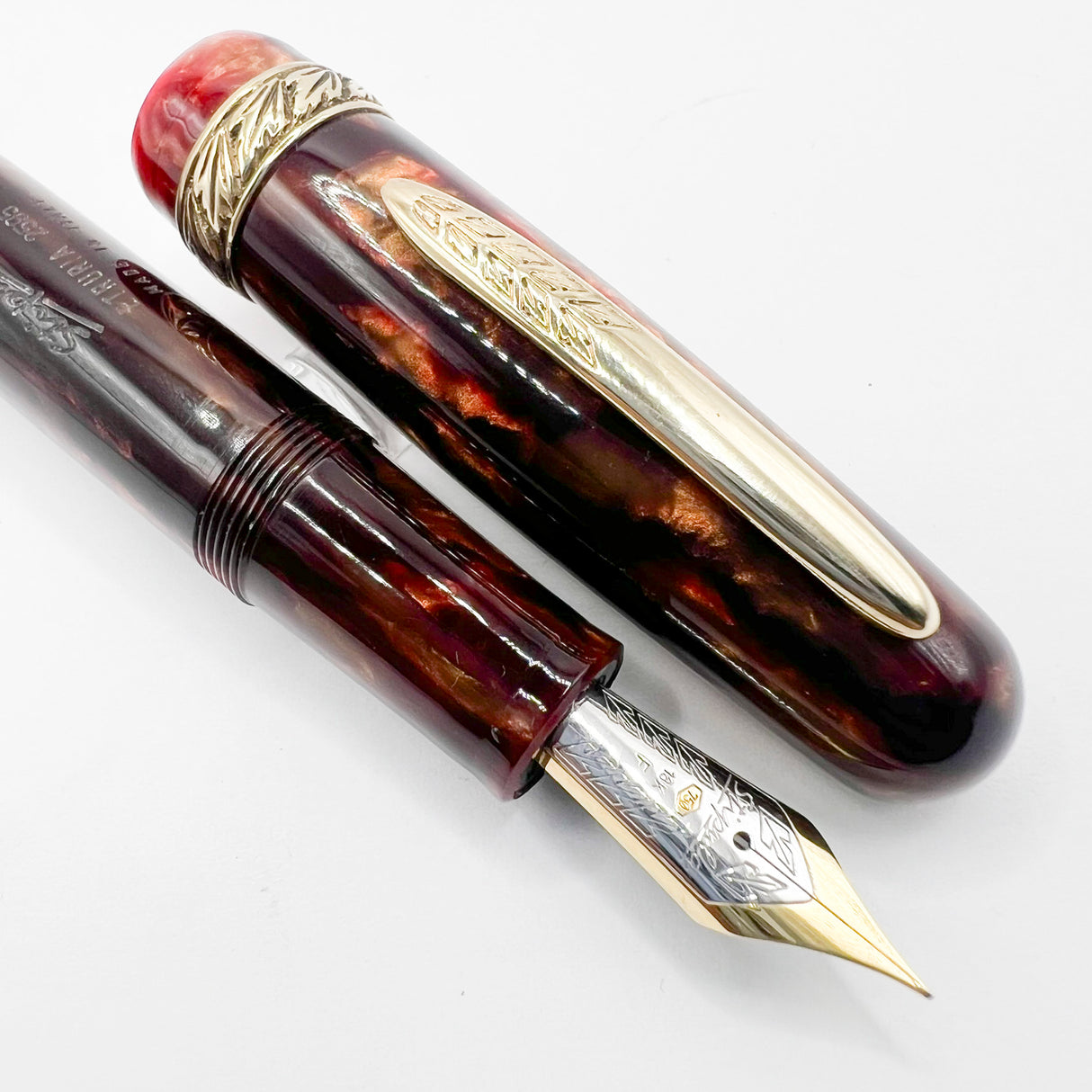 Stipula Early Etruria Variegated Burgundy & Amber Celluloid Fountain Pen- 9kt Gold Cap Band & Trim - Fine 18Kt Gold Nib