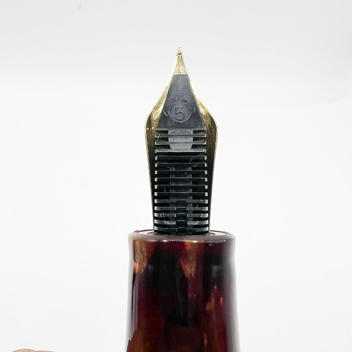 Stipula Early Etruria Variegated Burgundy & Amber Celluloid Fountain Pen- 9kt Gold Cap Band & Trim - Fine 18Kt Gold Nib