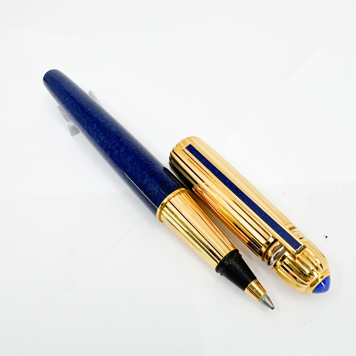 Cartier Pasha Capped Trinity Ballpoint - Blue Marbled Lacquer Barrel & Clip - Fluted Heavy 10 Microns Gold Plated Cap - An Icon of Cartier!