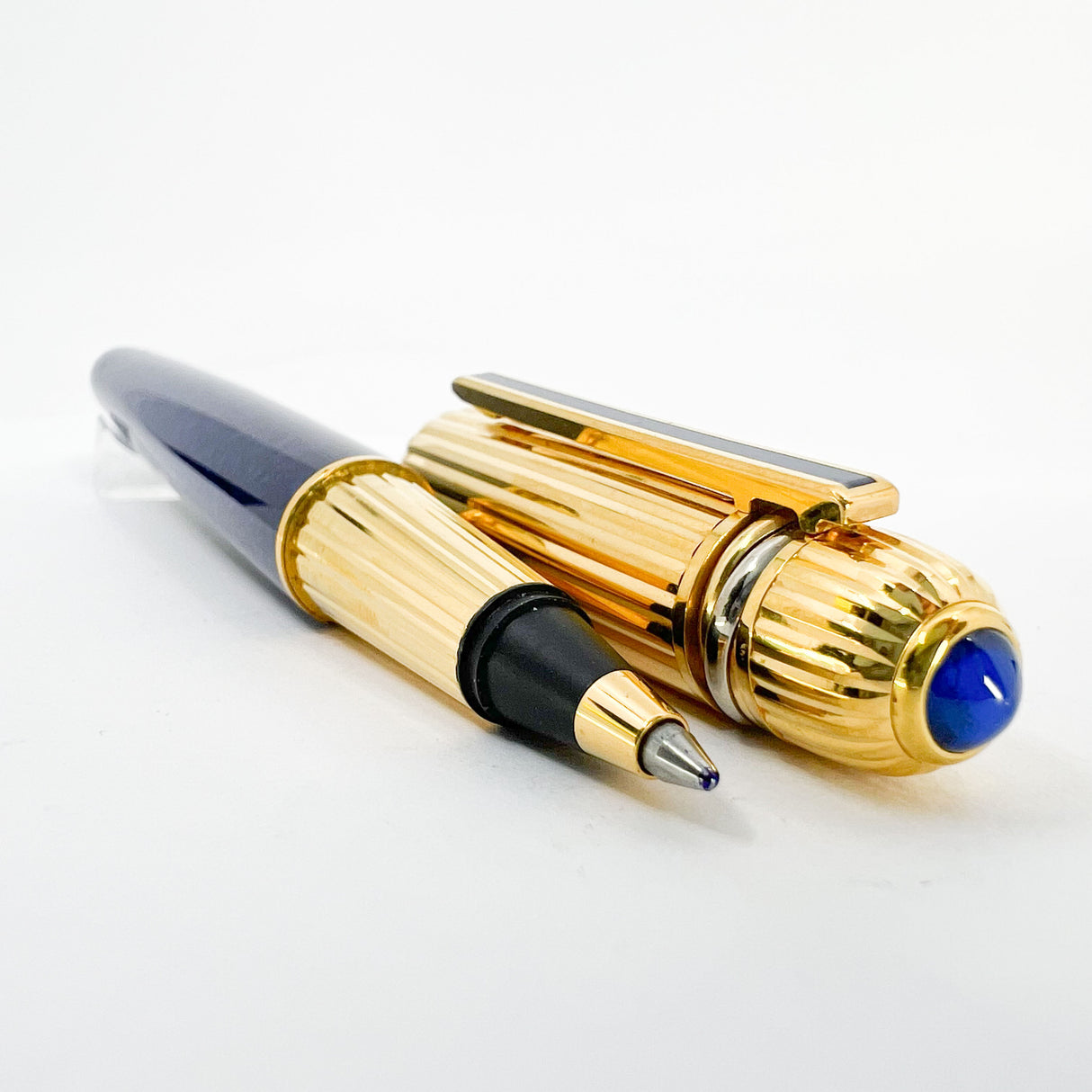 Cartier Pasha Capped Trinity Ballpoint - Blue Marbled Lacquer Barrel & Clip - Fluted Heavy 10 Microns Gold Plated Cap - An Icon of Cartier!