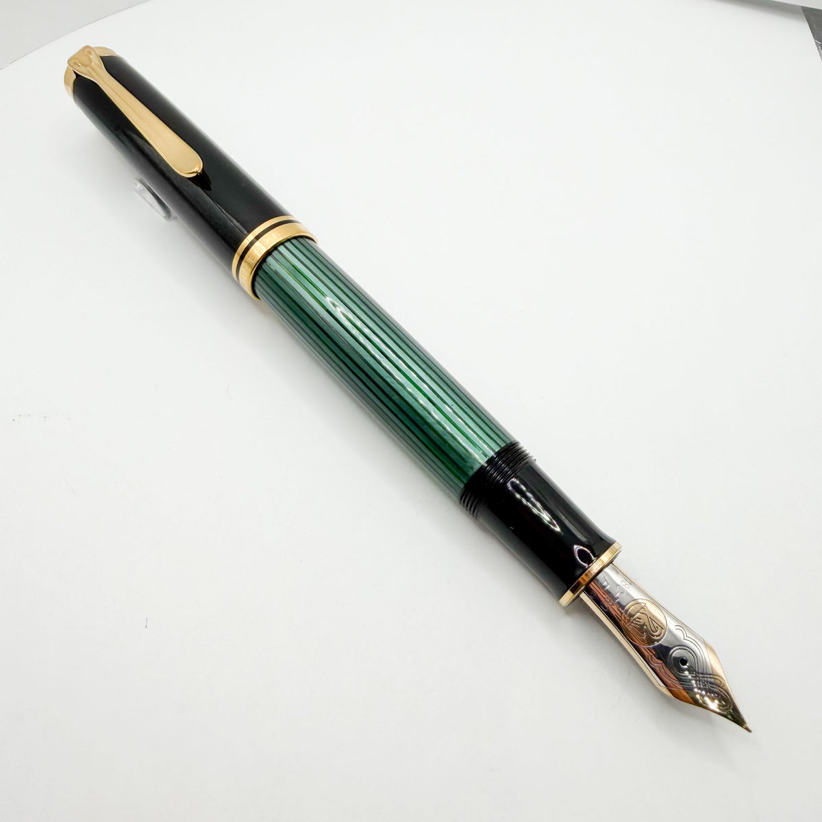 Pelikan Souveran M1000 Black/Green Striped Fountain Pen (Largest) - Fine 18kt Gold Nib
