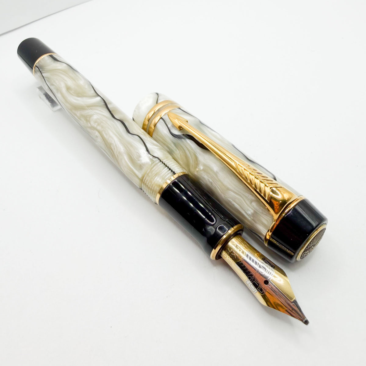 Parker Duofold Centennial (Largest) Lustrous Pearl & Black Fountain Pen - Medium Italic 18kt Gold Nib
