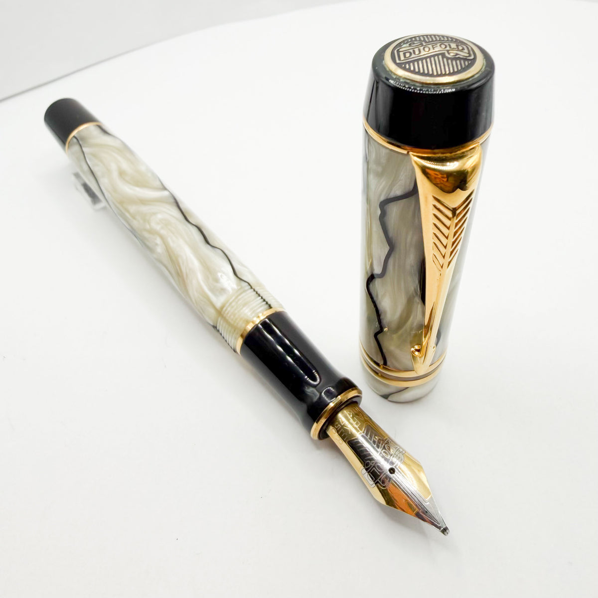 Parker Duofold Centennial (Largest) Lustrous Pearl & Black Fountain Pen - Medium Italic 18kt Gold Nib