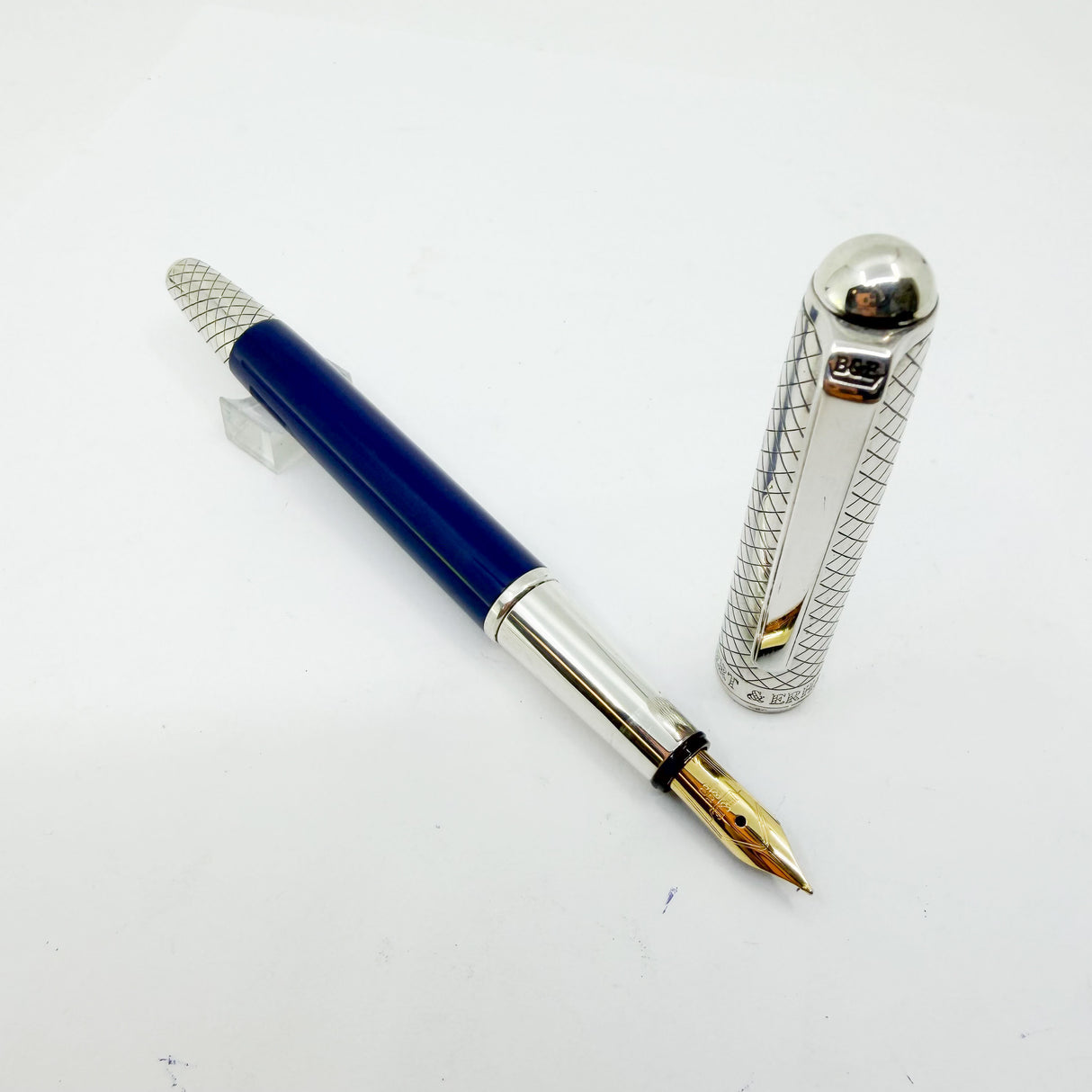 Bossert & Erhard Sterling Silver/Blue Enamel Fountain Pen - Medium 18kt Gold Nib