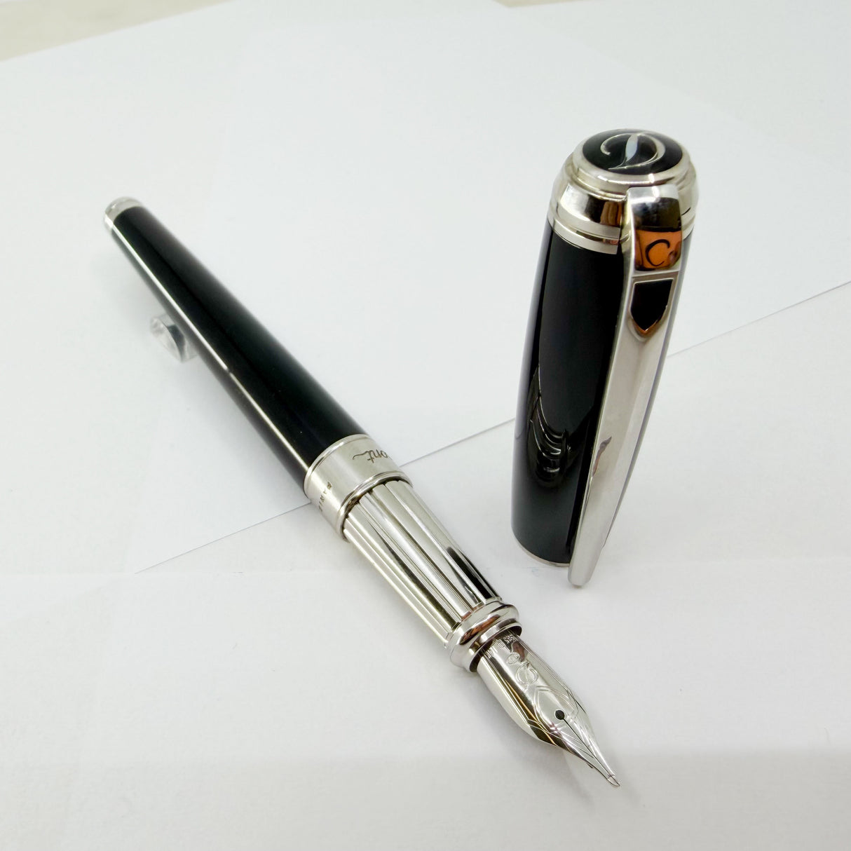 S. T. Dupont Line D Eternity Black Lacquer Large Size Fountain Pen - Palladium Plated Trim - Broad 14kt Gold Nib
