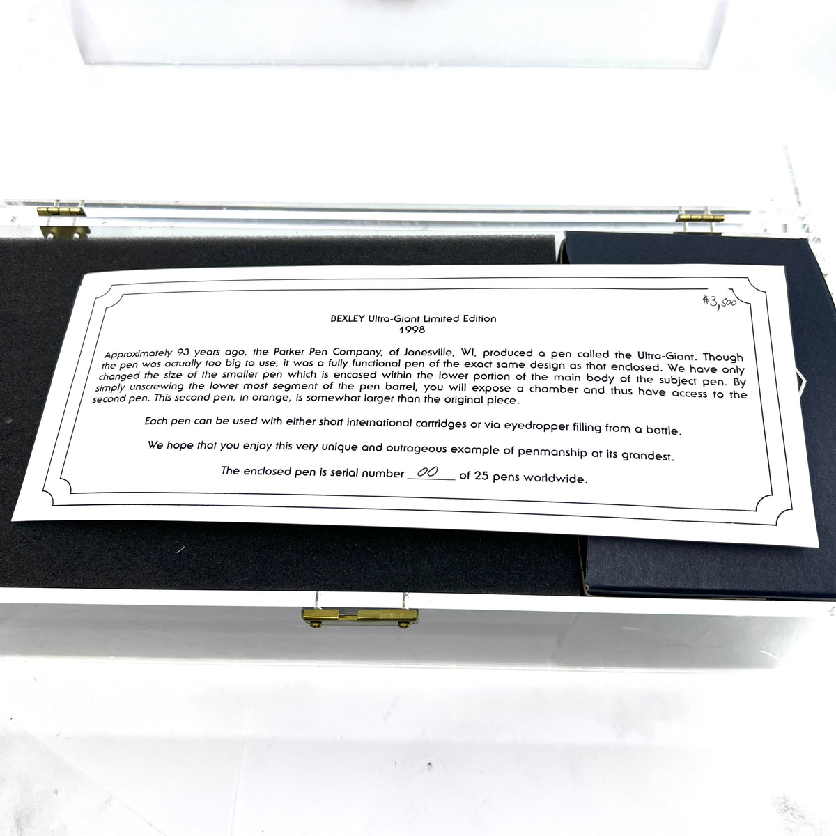 Bexley ULTRA GIANT Limited Edition Black Ebonite Fountain Pen with a Companion Orange Fountain Pen Hidden Inside - Oversized Medium 14kt Gold Nib - Number 00 of 25 that were sold to the Public