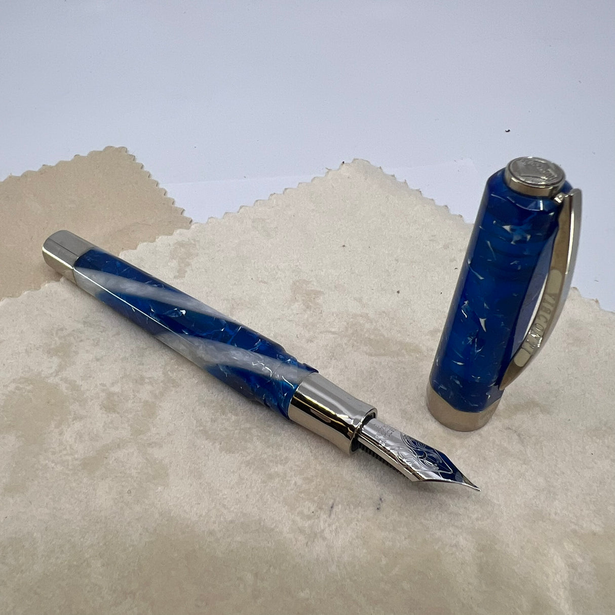 Visconti Opera Elements Speckled "Water" Blue/Lustrous White Fountain Pen - Fine 14Kt Gold Nib
