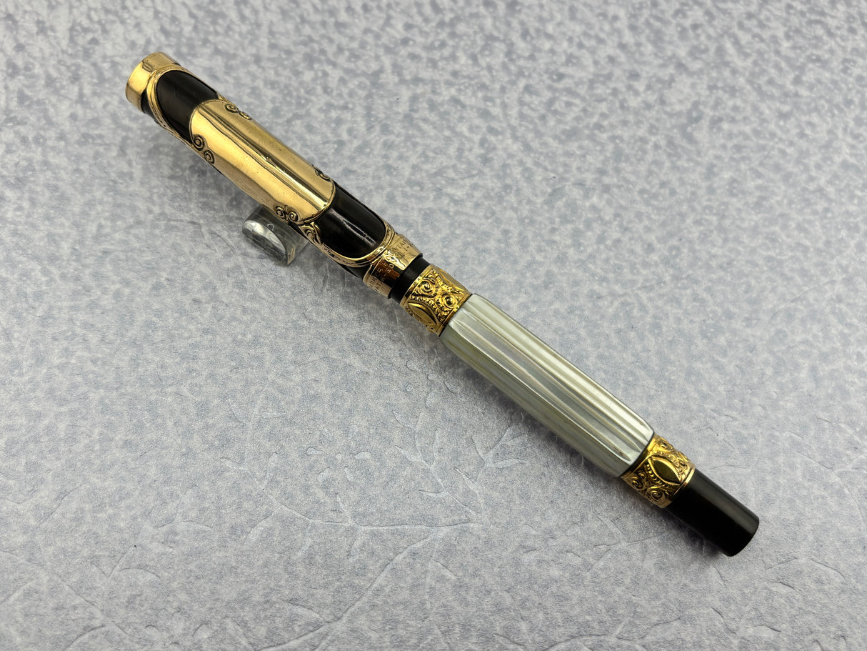 Parker # 15 Gold Filled Filigree with Fluted Mother-of-Pearl Slabs Eyedropper-fill Fountain Pen circa 1910-1915