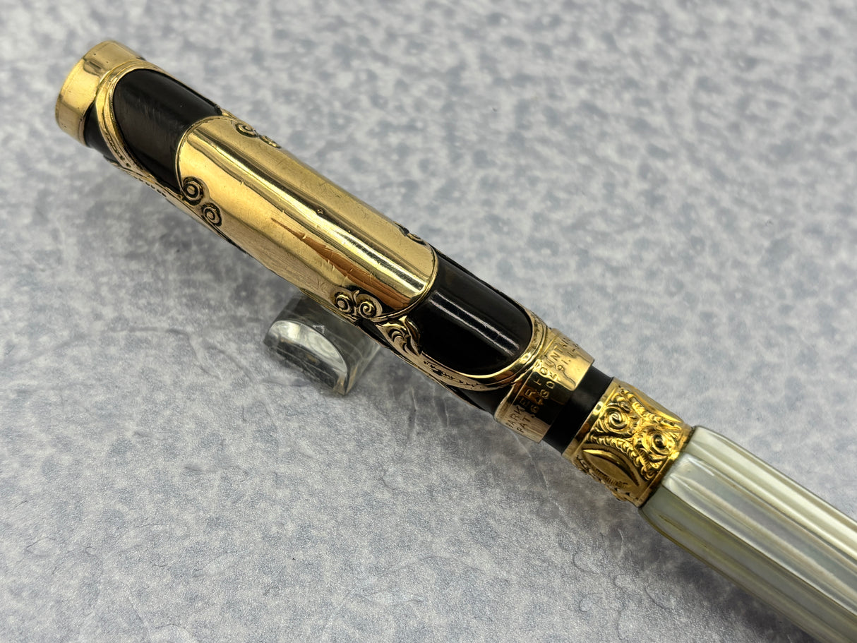 Parker # 15 Gold Filled Filigree with Fluted Mother-of-Pearl Slabs Eyedropper-fill Fountain Pen circa 1910-1915