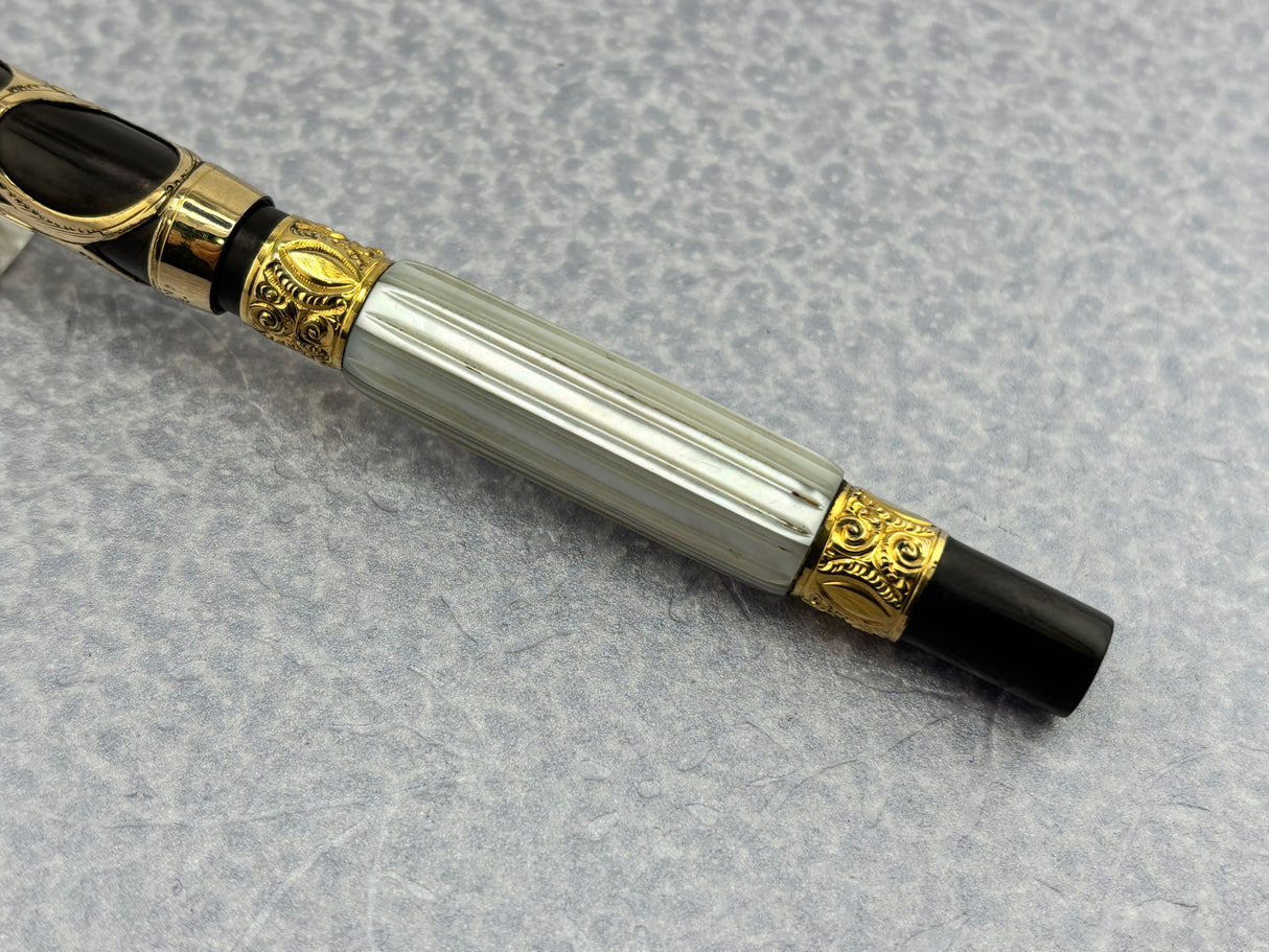 Parker # 15 Gold Filled Filigree with Fluted Mother-of-Pearl Slabs Eyedropper-fill Fountain Pen circa 1910-1915