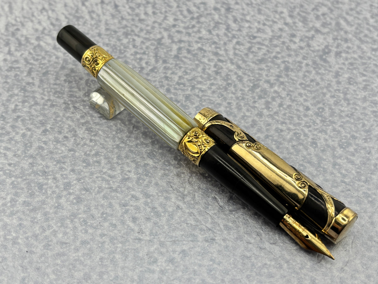 Parker # 15 Gold Filled Filigree with Fluted Mother-of-Pearl Slabs Eyedropper-fill Fountain Pen circa 1910-1915