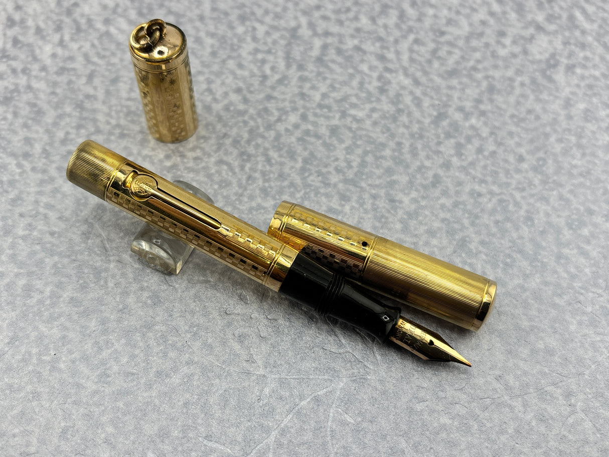 Waterman Gold-Filled # 0512 1/2 VPSF (Vest Pocket Self Filler) Gothic Overlay Ring Top Fountain Pen with Scarce Second Cap to Protect One's Clothing
