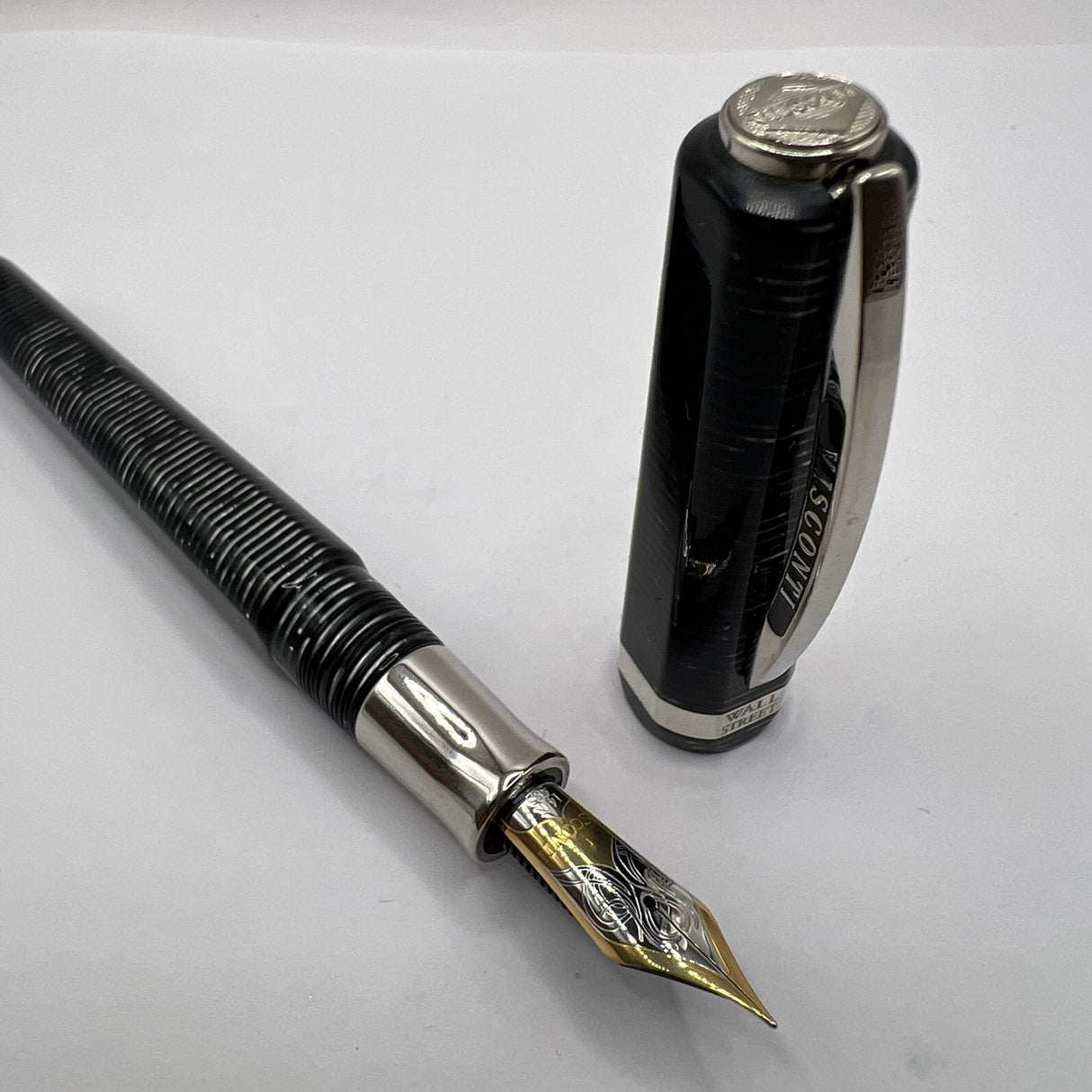 Visconti Wall Street Glittering Silver Celluloid Fountain Pen - Fine 14kt Gold Nib