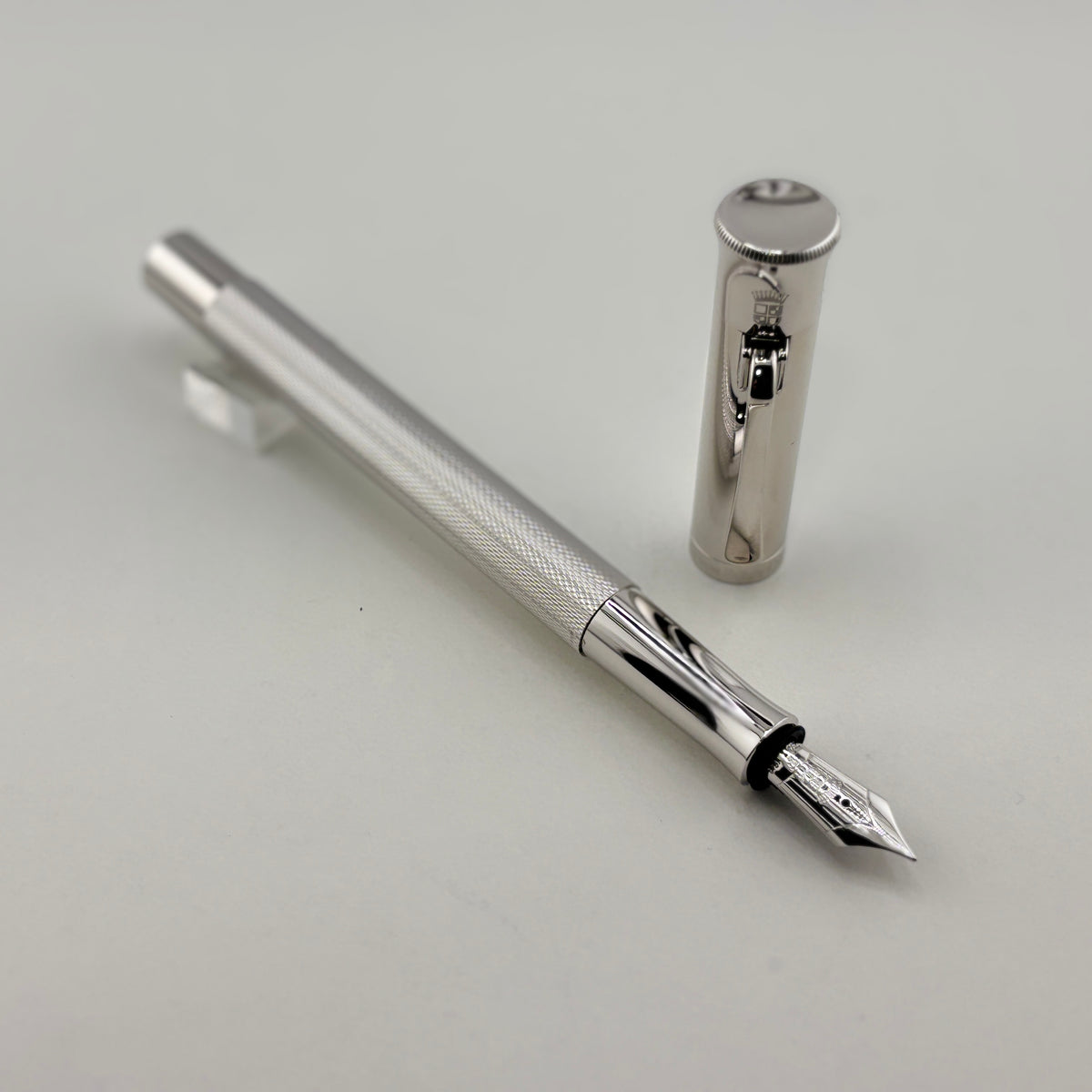 Graf von Faber Castell Guilloche Barleycorn Fountain Pen - Rhodium Plated - Fine 18kt Gold Nib