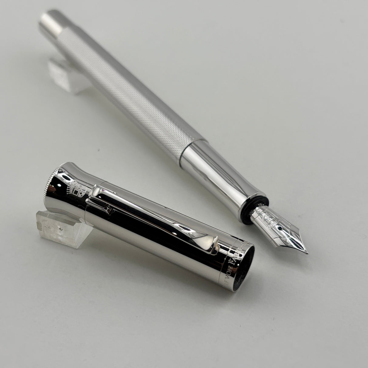Graf von Faber Castell Guilloche Barleycorn Fountain Pen - Rhodium Plated - Fine 18kt Gold Nib