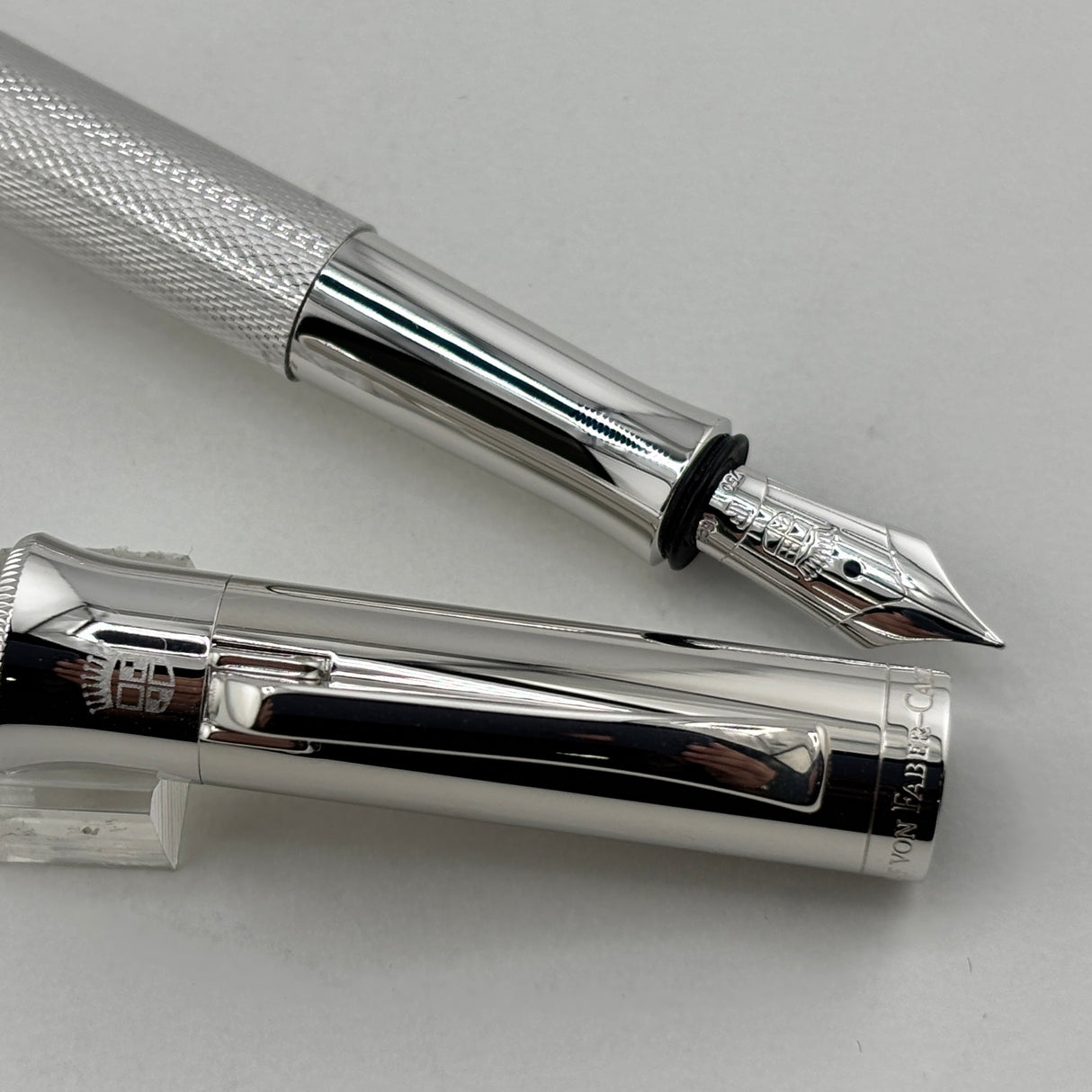 Graf von Faber Castell Guilloche Barleycorn Fountain Pen - Rhodium Plated - Fine 18kt Gold Nib