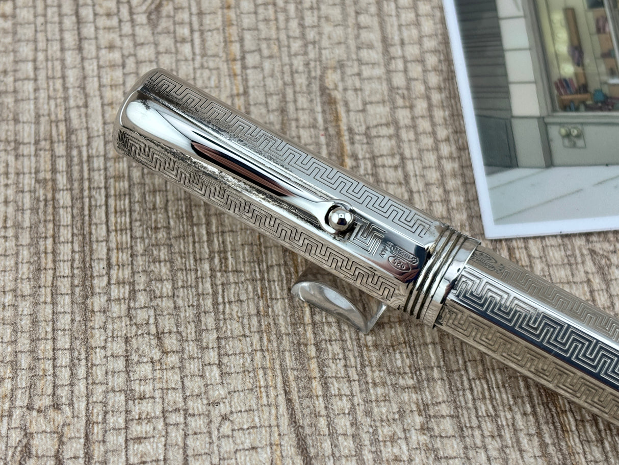 Montegrappa Mid-Size Reminiscence Sterling Silver Greek Key Pattern Faceted Rollerball Pen