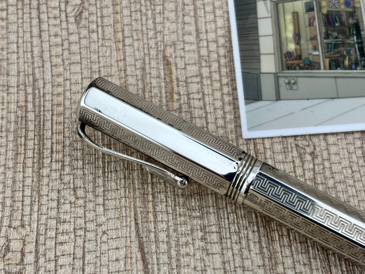 Montegrappa Mid-Size Reminiscence Sterling Silver Greek Key Pattern Faceted Rollerball Pen