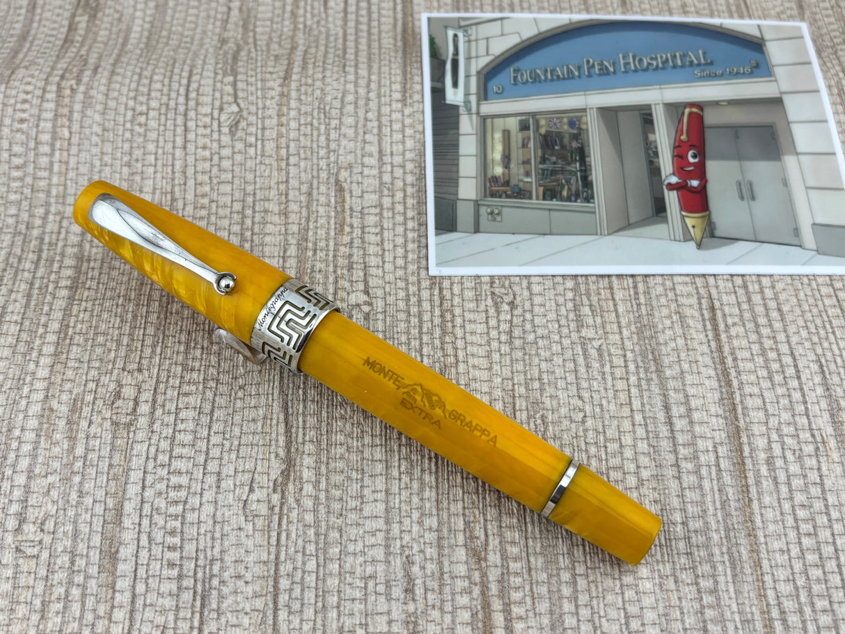 Montegrappa Extra Lustrous Yellow Celluloid Large Gold Nib #8 Fountain Pen - Fine 18kt Gold Nib