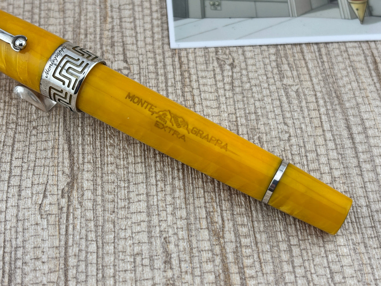 Montegrappa Extra Lustrous Yellow Celluloid Large Gold Nib #8 Fountain Pen - Fine 18kt Gold Nib