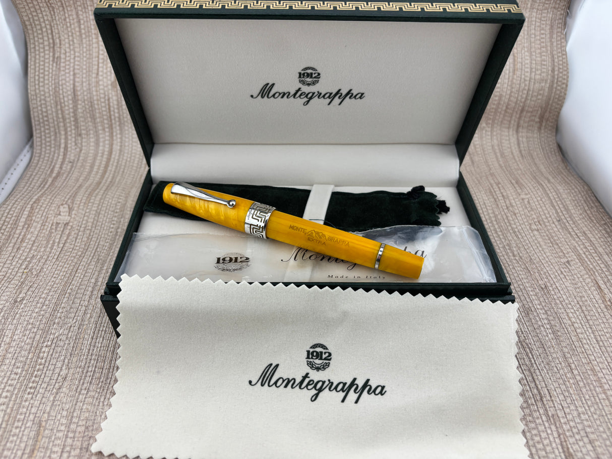 Montegrappa Extra Lustrous Yellow Celluloid Large Gold Nib #8 Fountain Pen - Fine 18kt Gold Nib