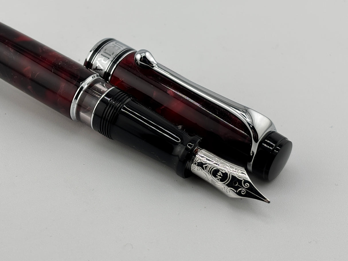 Aurora Optima Marbled Burgundy Auroloide Fountain Pen - Medium 14kt Gold Nib