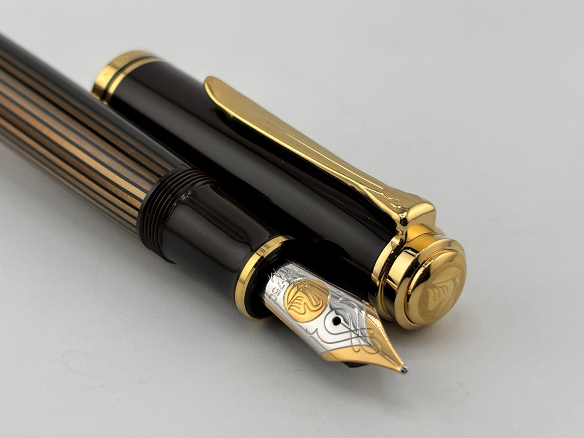 Pelikan M800 Brown Striped Barrel/Solid Brown Cap Fountain Pen - Medium 18kt Gold Nib