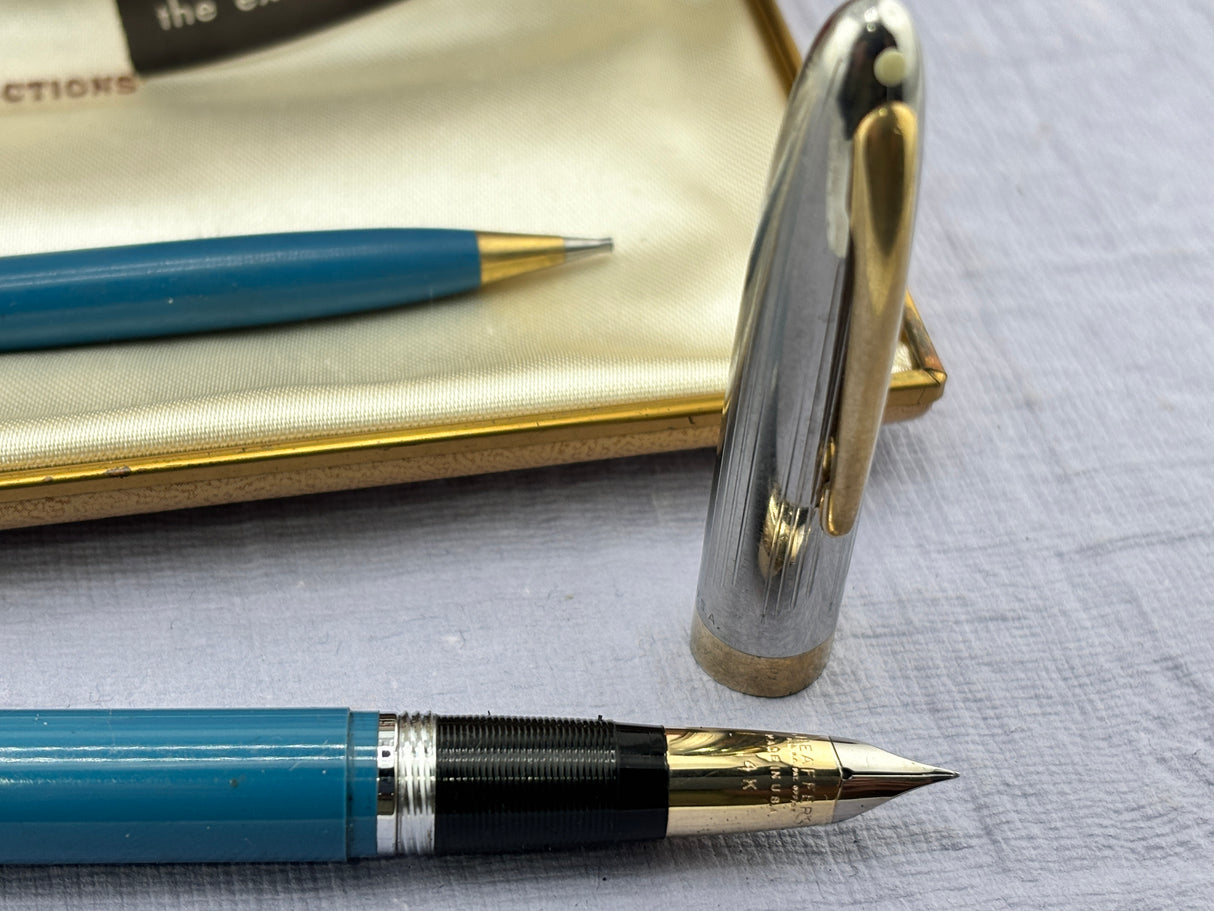 Sheaffer Snorkel set Blue Chrome cap - New old stock and boxed