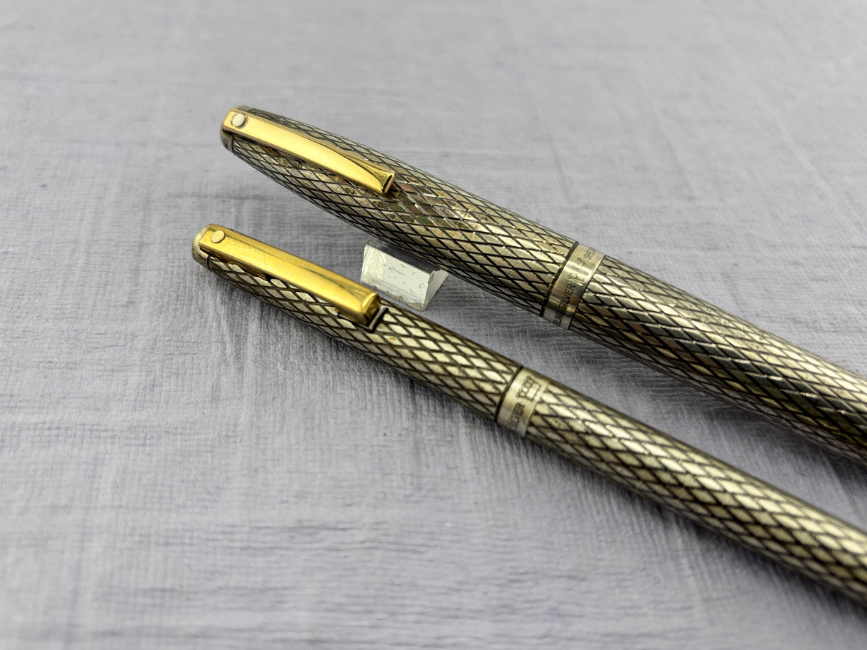 Sheaffer Imperial Set Sterling Silver 925 Crossed lines 14k Gold Nib rare double broad !!