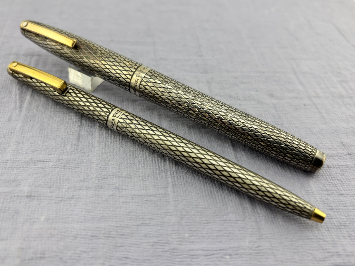 Sheaffer Imperial Set Sterling Silver 925 Crossed lines 14k Gold Nib rare double broad !!